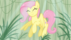 Size: 1920x1080 | Tagged: safe, artist:sjart117, fluttershy, pegasus, pony, bamboo, eyes closed, flying, plant, solo, sunlight, tree, vine