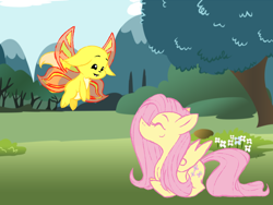 Size: 1024x768 | Tagged: safe, artist:azulmimi99, fluttershy, pegasus, pony, crossover, eyes closed, faerie, flying, kacheek, mountain, neopets, smiling, tree