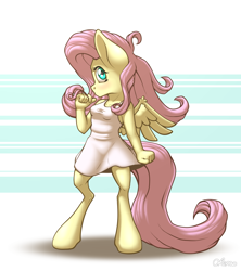 Size: 1920x2160 | Tagged: safe, artist:ohemo, fluttershy, anthro, unguligrade anthro, blushing, clothes, cute, dress, female, looking at you, shyabetes, solo