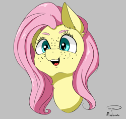 Size: 2373x2229 | Tagged: safe, artist:miokomata, artist:taurson, fluttershy, pegasus, pony, collaboration, cute, fangs, female, freckles, mare, shyabetes, simple background, smiling, solo