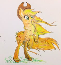 Size: 800x849 | Tagged: safe, artist:shotsyshotsy, applejack, earth pony, pony, rearing, solo, traditional art, watermark