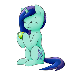 Size: 1489x1501 | Tagged: safe, artist:victoreach, oc, oc only, oc:helix, pony, unicorn, apple, commission, cute, eating, food, fruit, happy, simple background, sitting, solo, white background