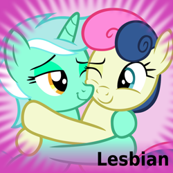 Size: 1024x1024 | Tagged: safe, artist:dtkraus, bon bon, lyra heartstrings, sweetie drops, adorabon, bedroom eyes, best friends, couple, cute, derpibooru, female, heartwarming in hindsight, hug, lesbian, lyrabetes, lyrabon, meta, nuzzling, official spoiler image, shipping, smiling, spoilered image joke, squishy cheeks, wink