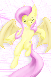 Size: 720x1085 | Tagged: safe, artist:lowelf, fluttershy, bat pony, pony, abstract background, eyes closed, fangs, flutterbat, race swap, solo