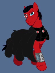 Size: 900x1176 | Tagged: safe, artist:irkengeneral, oc, oc only, oc:red eye, cyborg, earth pony, pony, fallout equestria, blue background, cape, clothes, fanfic, fanfic art, hooves, male, pipbuck, simple background, solo, stallion