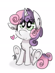 Size: 1535x2047 | Tagged: safe, artist:mad-maker-cat, sweetie belle, pony, unicorn, chest fluff, cute, diasweetes, ear fluff, eye clipping through hair, female, filly, frog (hoof), heart, leg fluff, simple background, sitting, solo, underhoof, white background