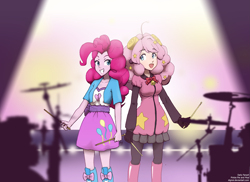 Size: 3331x2420 | Tagged: safe, artist:digiral, pinkie pie, human, equestria girls, crossover, drummer, drums, duo, eyestrain warning, moa, show by rock!!