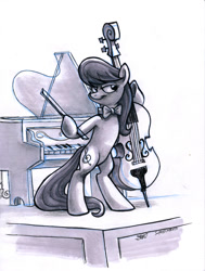 Size: 1024x1357 | Tagged: safe, artist:kenket, artist:spainfischer, octavia melody, earth pony, pony, cello, female, mare, monochrome, musical instrument, piano, sketch, solo, traditional art