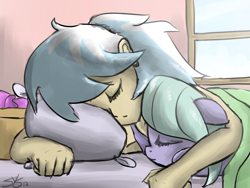 Size: 1200x900 | Tagged: safe, artist:speccysy, cloudchaser, flitter, human, pegasus, pony, bed, duo, duo female, female, hug, humanized, mare, pillow, sleeping