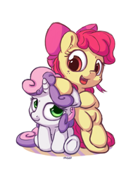 Size: 1100x1400 | Tagged: safe, artist:bobdude0, apple bloom, sweetie belle, earth pony, pony, unicorn, adorabloom, bipedal, bipedal leaning, bow, cute, diasweetes, female, filly, hair bow, leaning, open mouth, simple background, smiling, white background