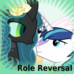 Size: 1024x1024 | Tagged: safe, artist:dtkraus, derpibooru import, princess celestia, queen chrysalis, shining armor, alicorn, changeling, changeling queen, pony, unicorn, alternate hairstyle, bedroom eyes, derpibooru, eye contact, female, male, marriage, meta, official spoiler image, role reversal, shining chrysalis, shipping, smiling, spoilered image joke, straight, wedding