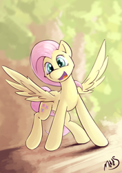 Size: 2480x3508 | Tagged: safe, artist:sea-maas, fluttershy, pegasus, pony, blurry background, female, happy, high res, mare, open mouth, signature, smiling, solo, spread wings, wings