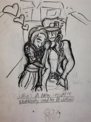 Size: 3456x4608 | Tagged: safe, artist:jamesfinch, fluttershy, human, fanfic:jojo's bizarre adventure: a new universe, couple, crossover, fanfic art, humanized, jojo's bizarre adventure, jotaro kujo, love, rough sketch