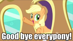 Size: 960x542 | Tagged: safe, edit, edited screencap, screencap, applejack, earth pony, pony, the last roundup, caption, cowboy hat, cute, goodbye, hat, image macro, meme, solo, waving