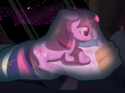 Size: 1920x1431 | Tagged: safe, artist:nuxersopus, derpibooru import, twilight sparkle, unicorn twilight, unicorn, blanket, book, magic, pillow, sky, solo, stars