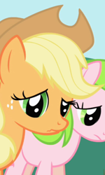 Size: 350x583 | Tagged: safe, screencap, applejack, red gala, earth pony, pony, friendship is magic, apple family member, crimson gala, cropped, wavy mouth