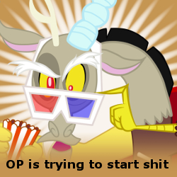 Size: 250x250 | Tagged: safe, discord, 3d glasses, derpibooru, meta, op is a cuck, op is trying to start shit, popcorn, solo, spoilered image joke, vulgar