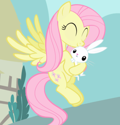 Size: 766x800 | Tagged: safe, screencap, angel bunny, fluttershy, pegasus, pony, rabbit, the ticket master, cute, duo, eyes closed, female, flying, hug, mare, shyabetes