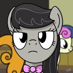 Size: 4167x4167 | Tagged: safe, artist:up-world, bon bon, carrot top, golden harvest, octavia melody, sweetie drops, earth pony, pony, a flurry of emotions, absurd resolution, art exhibition, background pony, female, mare, octavia is not amused, scene interpretation, solo focus, unamused