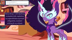 Size: 1280x720 | Tagged: safe, artist:hakunohamikage, derpibooru import, midnight sparkle, twilight sparkle, twilight sparkle (alicorn), alicorn, equestria girls, ask-princesssparkle, dialogue, princess midnight, solo, tyrant sparkle