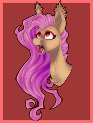 Size: 774x1032 | Tagged: safe, artist:immagoddampony, artist:sketchykohaidraws, fluttershy, bat pony, pony, abstract background, bust, fangs, female, flutterbat, looking up, mare, open collaboration, open mouth, race swap, solo, tongue out