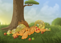 Size: 3496x2471 | Tagged: safe, artist:littlehybridshila, applejack, earth pony, pony, apple, cowboy hat, cute, dappled sunlight, female, food, hat, jackabetes, mare, sleeping, stetson, tree