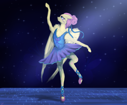 Size: 3366x2768 | Tagged: safe, artist:vinicius040598, fluttershy, anthro, pegasus, alternate hairstyle, ballerina, ballet, clothes, cute, flutterina, graceful, on one leg, ribbon, shyabetes, spotlight, tutu