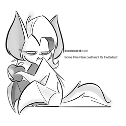 Size: 1920x1920 | Tagged: safe, artist:fluttershythekind, applejack, fluttershy, bat pony, pony, ask, cheek fluff, doodle, fangs, female, flutterbat, grayscale, hoof hold, mare, monochrome, race swap, simple background, solo, tumblr, white background