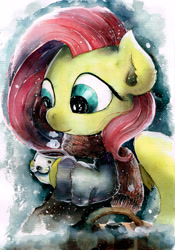 Size: 2394x3425 | Tagged: safe, artist:mashiromiku, fluttershy, pegasus, pony, clothes, coffee, cup, cute, female, hoof hold, looking away, looking down, mare, mug, scarf, shyabetes, solo, steam, traditional art, watercolor painting, winter, winter outfit