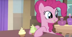 Size: 1660x850 | Tagged: safe, screencap, pinkie pie, earth pony, pony, the mean 6, cupcake, eating, food, scrunchy face