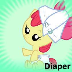 Size: 1024x1024 | Tagged: safe, artist:joey, derpibooru exclusive, apple bloom, earth pony, pony, baby, baby pony, derpibooru, diaper, female, filly, meta, official spoiler image, solo, spoilered image joke