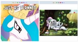 Size: 2027x1106 | Tagged: safe, artist:rainihorn, princess celestia, silver spoon, sweetie belle, alicorn, pony, derpibooru, exploitable meme, female, just as planned, juxtaposition, juxtaposition win, lesbian, meme, meta, shipping, silverbelle