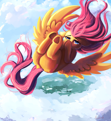 Size: 3200x3500 | Tagged: safe, artist:miokomata, fluttershy, pegasus, pony, cloud, falling, female, hoof over mouth, mare, plot, solo, underhoof