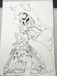 Size: 2448x3264 | Tagged: safe, artist:nipa, pinkie pie, earth pony, pony, semi-anthro, armor, cloak, clothes, crossover, gun, hoof hold, mask, monochrome, overwatch, reaper (overwatch), solo, traditional art, weapon