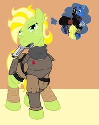 Size: 900x1134 | Tagged: safe, artist:irkengeneral, oc, oc only, earth pony, pony, unicorn, fallout equestria, armor, female, handgun, male, mare, mouth hold, solo focus, stallion, thought bubble, weapon