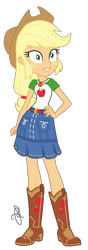 Size: 724x2048 | Tagged: safe, artist:ilaria122, applejack, better together, equestria girls, belt, boots, clothes, cowboy boots, cowboy hat, cute, denim skirt, female, freckles, hand on hip, hat, not a vector, signature, simple background, skirt, solo, stetson, transparent background