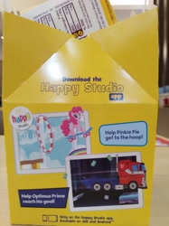 Size: 3016x4032 | Tagged: safe, photographer:horsesplease, pinkie pie, box, clash of hasbro's titans, happy, happy meal, happy studio (app), irl, malaysia, mcdonald's, optimus prime, photo, smiling, transformers, truck