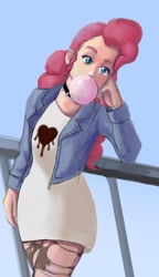 Size: 828x1437 | Tagged: safe, artist:miguelpanhead, pinkie pie, human, bubblegum, food, gum, humanized, leaning, railing