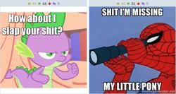 Size: 509x270 | Tagged: safe, spike, dragon, 60s spider-man, derpibooru, exploitable meme, how about i slap your shit, impact font, juxtaposition, juxtaposition win, meme, meta, spider-man, vulgar