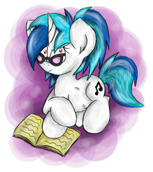 Size: 1014x1143 | Tagged: safe, artist:kristysk, dj pon-3, vinyl scratch, pony, unicorn, book, glasses, prone, reading, red eyes, solo, wrong eye color