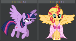 Size: 518x277 | Tagged: safe, artist:illumnious, artist:xebck, sunset shimmer, twilight sparkle, twilight sparkle (alicorn), alicorn, pony, alicornified, clothes, crown, derpibooru, dress, exploitable meme, jewelry, juxtaposition, juxtaposition win, meme, meta, race swap, regalia, shimmercorn, unamused, vector