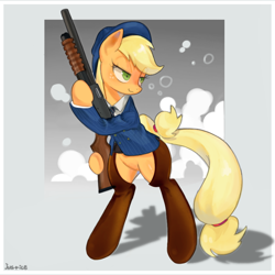 Size: 768x768 | Tagged: safe, artist:jus+ice, applejack, earth pony, pony, semi-anthro, bedroom eyes, clothes, female, gun, mafia, mafia applejack, mare, mossberg 500at, shotgun, smiling, solo, standing, suit, traditional art, weapon