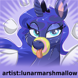 Size: 1024x1024 | Tagged: safe, artist:lunarmarshmallow, derpibooru exclusive, princess luna, alicorn, pony, :p, bedroom eyes, blushing, derpibooru, donut, donutsnootle, fluffy, implied ponut, looking at you, marshmallow, meta, official spoiler image, smiling, solo, spoilered image joke, sweat, tongue out