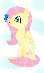 Size: 1500x2500 | Tagged: safe, artist:salad-puncher, fluttershy, butterfly, pegasus, pony, butterfly on nose, female, insect on nose, looking at something, mare, open mouth, profile, sitting, solo, spread wings, wings