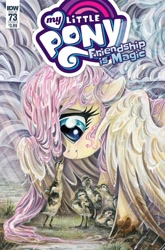 Size: 1054x1600 | Tagged: safe, artist:sararichard, idw, fluttershy, pegasus, pony, spoiler:comic, spoiler:comic73, cover, covering, cute, duckling, female, kindness, mare, rain, shyabetes, smiling