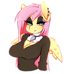 Size: 600x647 | Tagged: safe, artist:tolsticot, fluttershy, anthro, pegasus, fake it 'til you make it, boob window, breasts, cleavage, clothes, ear piercing, earring, eyeshadow, female, fluttergoth, hootershy, jewelry, makeup, necklace, piercing, sexy, simple background, solo, sweater, white background