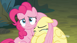 Size: 1920x1080 | Tagged: safe, screencap, fluttershy, pinkie pie, earth pony, pegasus, pony, the mean 6, comforting, crying, discovery family logo, floppy ears, hug, sad