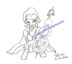 Size: 900x801 | Tagged: safe, artist:tsitra360, octavia melody, earth pony, pony, bipedal, cello, clothes, jedi, lightsaber, monochrome, musical instrument, neo noir, partial color, solo, star wars, weapon