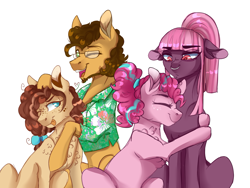 Size: 1973x1486 | Tagged: safe, artist:anyatrix, cheese sandwich, pinkie pie, oc, oc:cinnamon toast, oc:shortcake, earth pony, pony, beard, cheesepie, facial hair, female, floppy ears, glasses, male, mare, offspring, older, one eye closed, parent:cheese sandwich, parent:pinkie pie, parents:cheesepie, shipping, simple background, straight, tongue out, white background