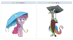 Size: 574x317 | Tagged: safe, artist:zigrock, derpibooru import, discord, pinkie pie, earth pony, pony, derpibooru, exploitable meme, juxtaposition, juxtaposition win, meme, meta, my neighbor totoro, parody, umbrella